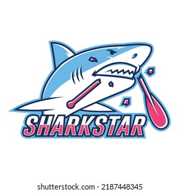 Emblem shark bites paddle with inscription sharkstar. Vector Illustration