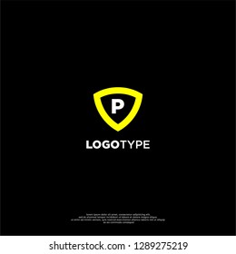 tecnología de forma de escudo emblemático p concepto de letra logo