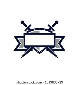 an emblem with a shield and sword background. there is a ribbon as a place for text