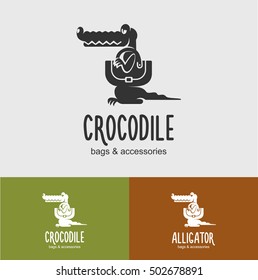 The emblem shop leather accessories. Vector illustration of an alligator with a bag. Leather bags, accessories made of crocodile leather.