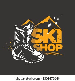 Emblem for a shop with winter sport equipment. Rent of skiing and snowboarding