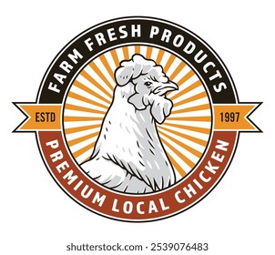 The emblem showcases a majestic rooster, highlighting farm-fresh local chicken products with a vintage aesthetic, radiating vibrant colors.