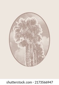 Emblem with a silhouette of palm trees and clouds in engraving style. Monochrome and color options. Vector Illustration