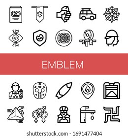 emblem simple icons set. Contains such icons as Pretzel, View, Fleur de lis, Shield, Axe, Wheel, Off road, Ribbon, Helm, Firefighter, Barber, can be used for web, mobile and logo