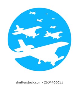 Emblem of single-engine light aircraft logo on a blue background. Training aircraft vector plane logo template. Aviation illustration sign collection. 