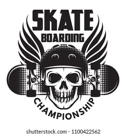 Emblem for skateboarding with skull, wings and skateboard. Vector illustration