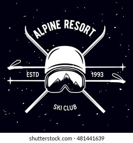 Emblem of Ski Club. Vintage Mountain winter badge. Outdoor adventure logo design. Travel hand drawn and hipster insignia. Snowboard icon symbol.Vector illustration
