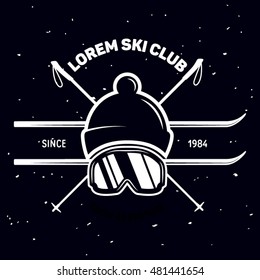 Emblem of Ski Club. Vintage Mountain winter badge. Outdoor adventure logo design. Travel hand drawn and hipster insignia. Snowboard icon symbol.Vector illustration