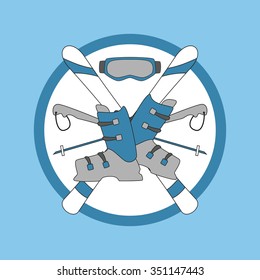 Emblem skiing - ski and sticks, shoes, mask. Hand drawn vector illustration.