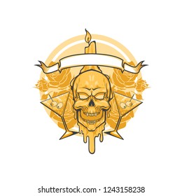 Emblem of skull with cocktail glasses and candle, vector illustration