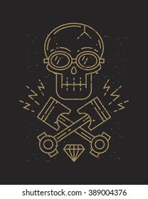 Emblem skull with crossed pistons. Linear style. t-shirt graphics