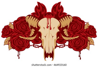 emblem with skull sheep and rose and fire