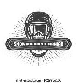 Emblem of the snowboarding maniac. Skull in sports helmet and ski goggles holds snowboard in wide open mouth. Worn texture and dots on separate layers and can be disabled.