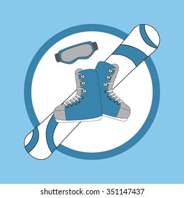 Emblem snowboarding - snowboard and shoes, mask. Hand drawn vector illustration.