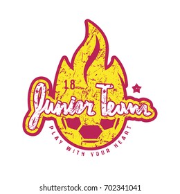 Emblem of soccer junior team. Graphic design for t-shirt and stickers. Color print on white background
