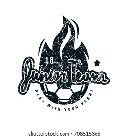 Emblem of soccer junior team. Graphic design for t-shirt. Black print on white background