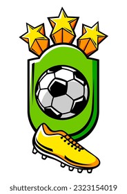 Emblem with soccer symbols. Football club label. Sport illustration in cartoon style.