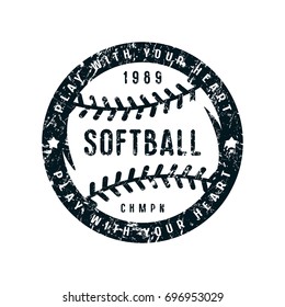 Emblem of softball championship. Graphic design for t-shirt. Black print on white background