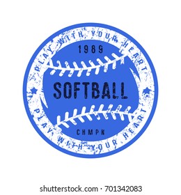 Emblem of softball championship. Graphic design for t-shirt and sticker. Color print on white background