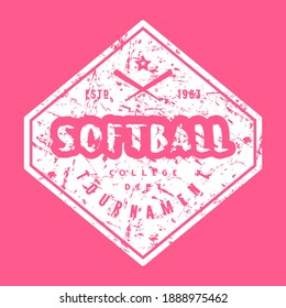 Emblem of softball college tournament. Graphic design with vintage texture for t-shirt. White print on pink background