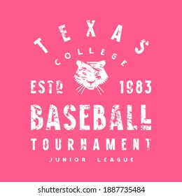 Emblem of softball college tournament in Texas. Graphic design with vintage texture for t-shirt. White print on pink background