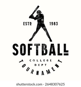 Emblem for softball game. Silhouette style graphic design for t-shirt. Black print on white background
