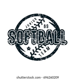 Emblem of softball junior team. Graphic design for t-shirt. Black print on white background