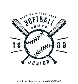 Emblema del equipo junior de softball. Diseño gráfico para el pantalones en T. Impresión negra sobre fondo blanco