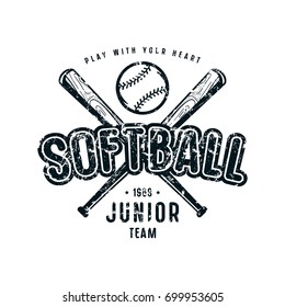 Emblem of softball junior team. Graphic design for t-shirt. Black print on white background