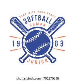 Emblem of softball junior team. Graphic design for t-shirt. Color print on white background