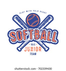 Emblem of softball junior team. Graphic design for t-shirt. Color print on white background