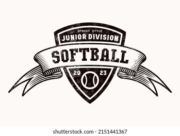 Emblem of softball junior tournament in college style. Graphic design for t-shirt. Black print with rough retro texture on white background