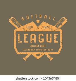 Emblem of softball team. Graphic design for t-shirt.  Orange print on brown background