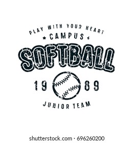 Emblem of softball team. Graphic design for t-shirt. Black print on white background