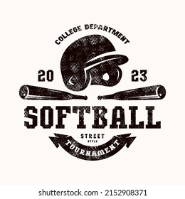 Emblem of softball tournament in college style. Graphic design for t-shirt. Black print with rough retro texture on white background