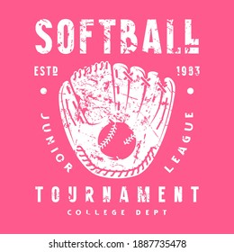 Emblem of softball tournament with a picture of glove. Graphic design with vintage texture for t-shirt. White print on pink background