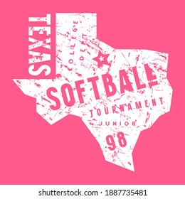 Emblem of softball tournament in Texas. Graphic design with vintage texture for t-shirt. White print on pink background