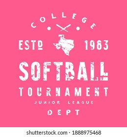 Emblem of softball tournament in Texas. Graphic design with vintage texture for t-shirt. White print on pink background