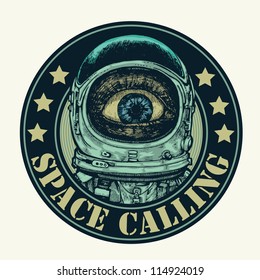 Emblem Space Calling with amazement astronaut. vector illustration. color version.