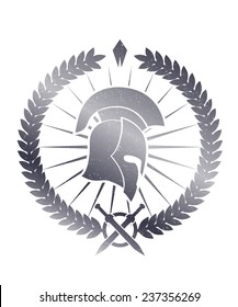 Emblem with spartan helmet scratched vector illustration, eps10, easy to edit