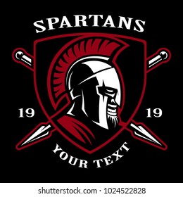 Emblem of spartan warrior. Lofo design on dark background. Text is on the separate layer.