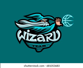 Emblem for the sports team. A wizard with a beard in his hat and a basketball.