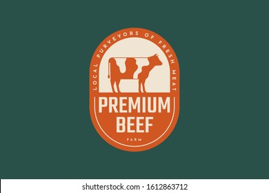 Emblem with a spotty cow silhouette. Logo template for meat shops, markets, farm products. The concept of fresh meat products. Vector illustration on a green background.