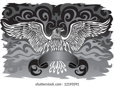 emblem of spread wings as coat of arms or banner on black background, vector illustration, eps