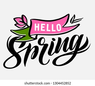The emblem for Spring time. Handwritten calligraphy lettering phrase with ribbon. Good for posters, postcards, banners, etc. This logo is a vector Illustration