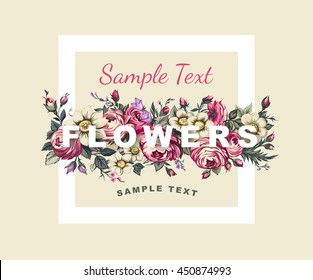 Emblem a square frame wreath of different flowers