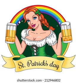 Emblem for st Patrick's day. Young woman  holding beer glasses 