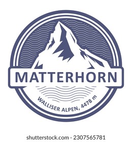 Emblem with stamp of Matterhorn, Monte Cervino peak, mountain of Pennine Alps, vector