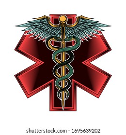 Emblem of the star of life with Caduceus symbol. Vector illustration in engraving technique. Modern symbol of medicine, emergency medical services, paramedics, technicians. Isolated on white.