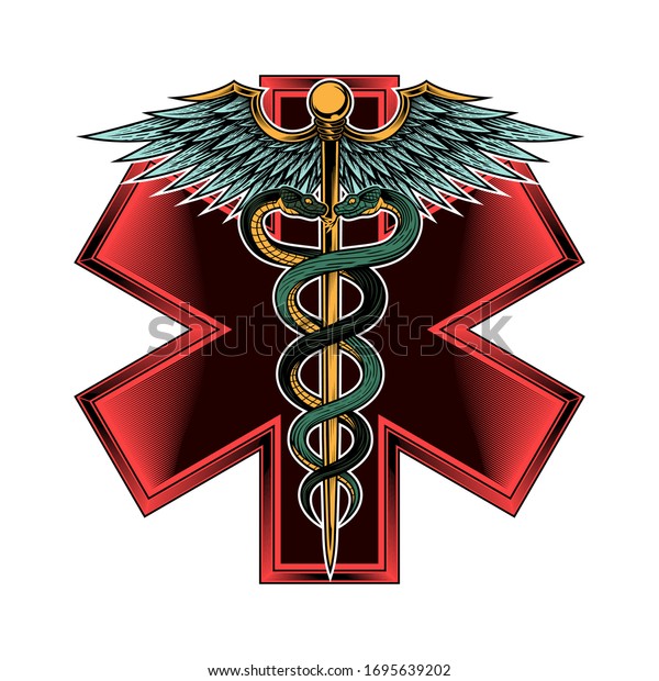 Emblem of the star of life with Caduceus symbol. Vector